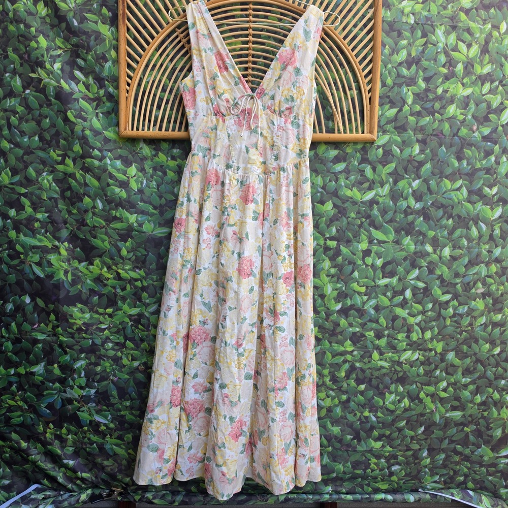 Lulus Women White Pink Yellow Floral Cotton V-Neck Maxi Dress Small NWT